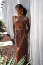 Stripe Detail Linen Maxi Brown Dress