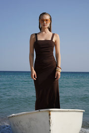 Slit Detail Backless Brown Dress