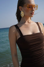 Slit Detail Back Cutout Brown Dress
