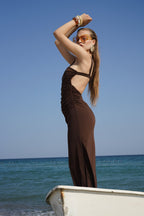 Slit Detail Back Cutout Brown Dress