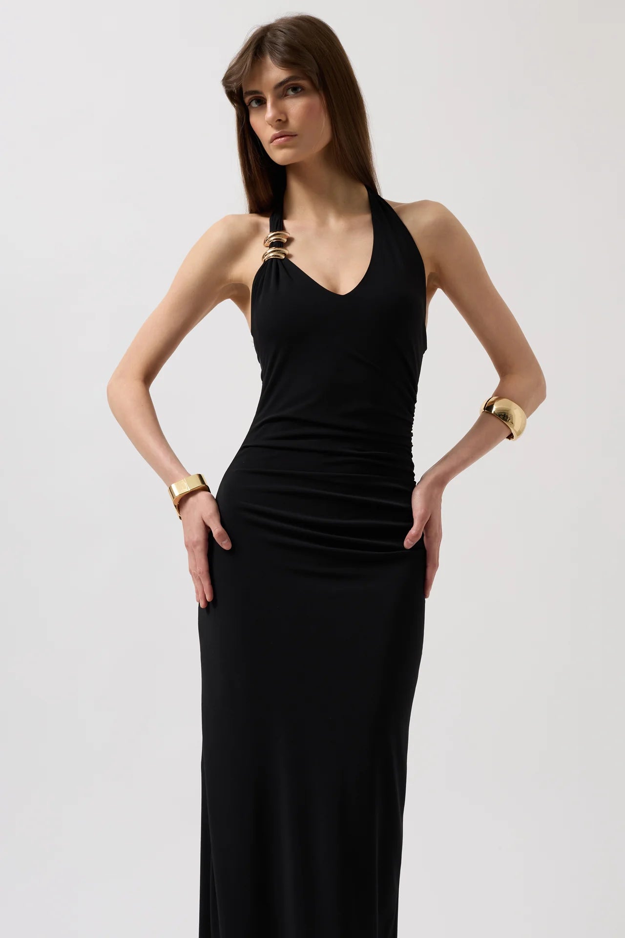 Adjustable Strap Maxi Dress with Gold Ring Detail