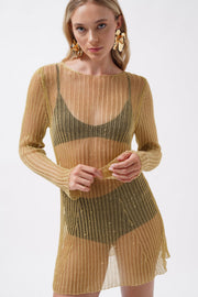 Long Sleeve Transparent Gilded Gold Dress
