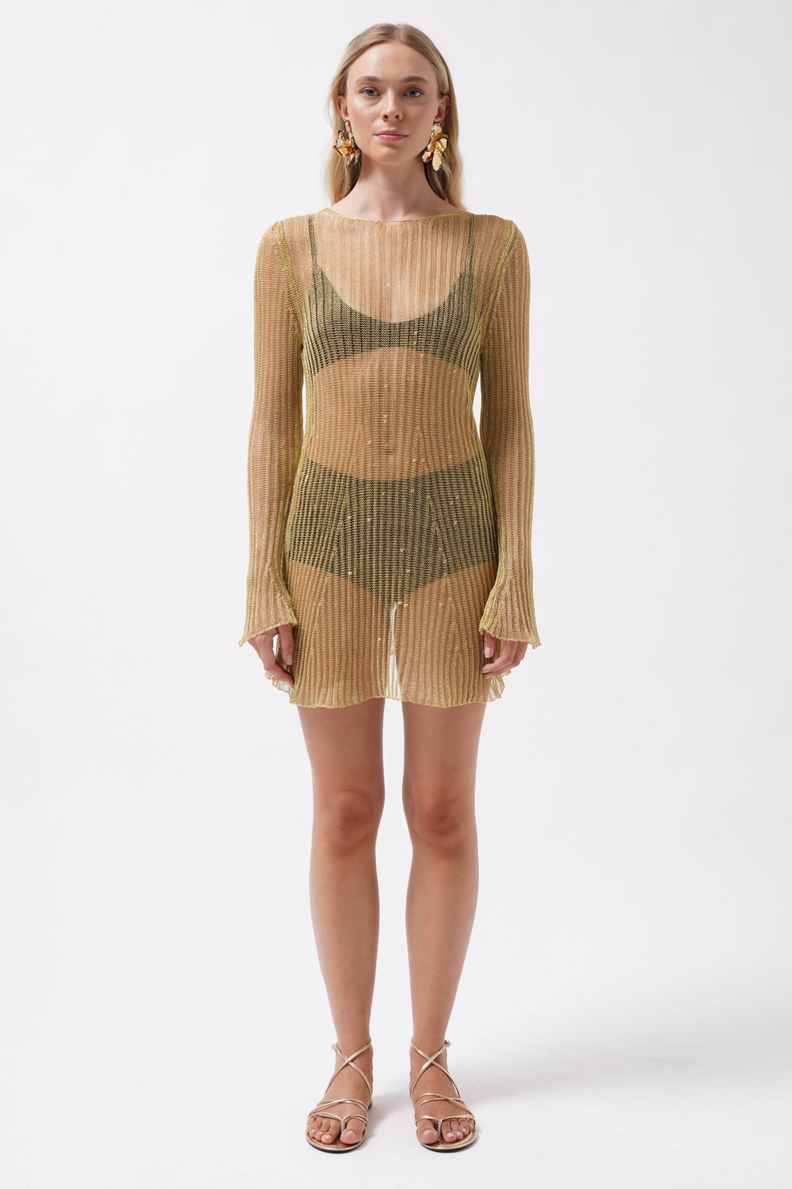 Long Sleeve Transparent Foil Gold Dress