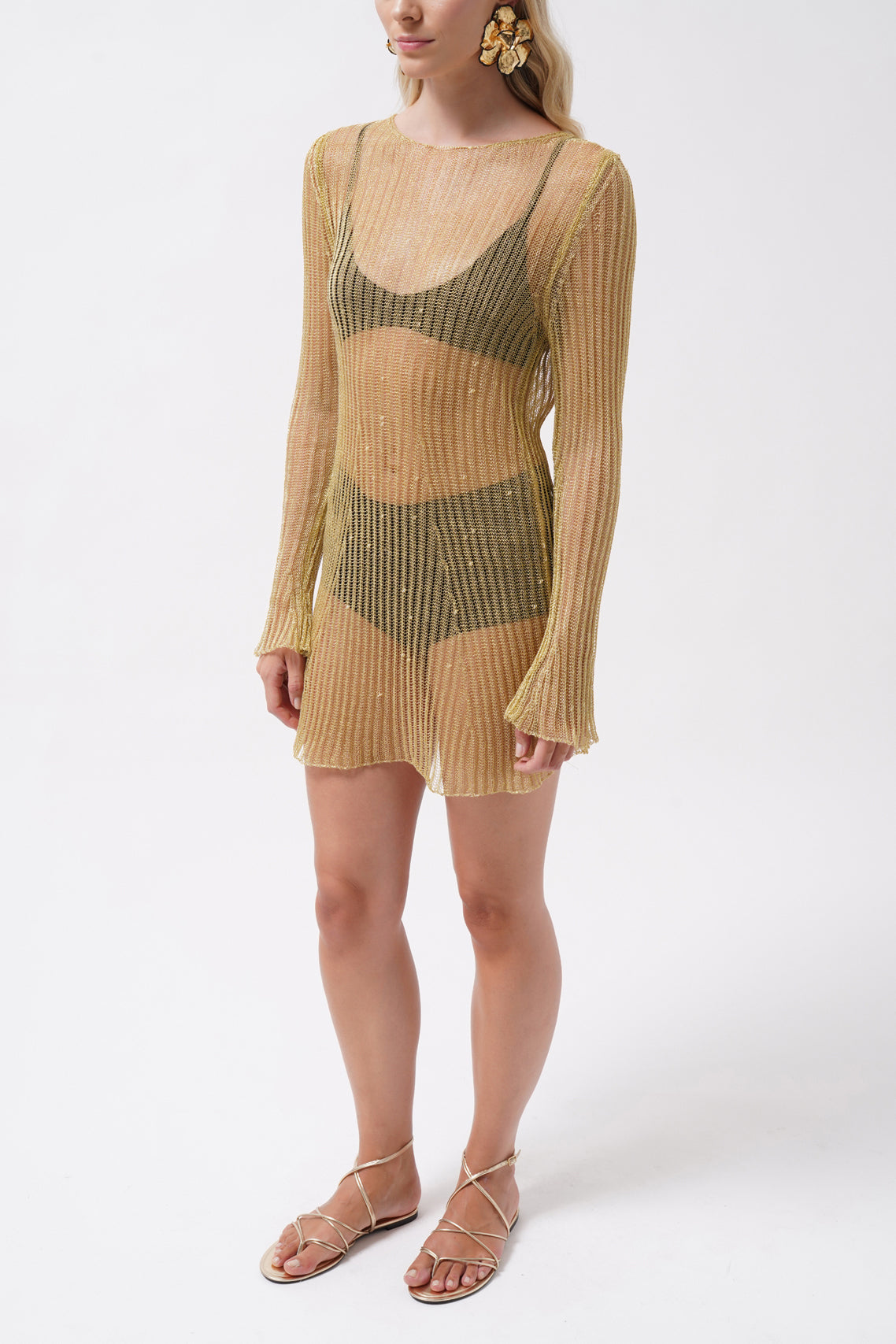Long Sleeve Transparent Foil Gold Dress