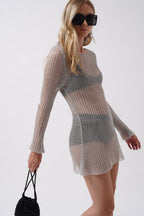 Long Sleeve Transparent Foil Silver Dress