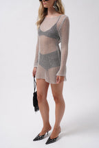 Long Sleeve Transparent Foil Silver Dress