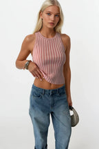 Ribbed Racer Neck Pink Blouse