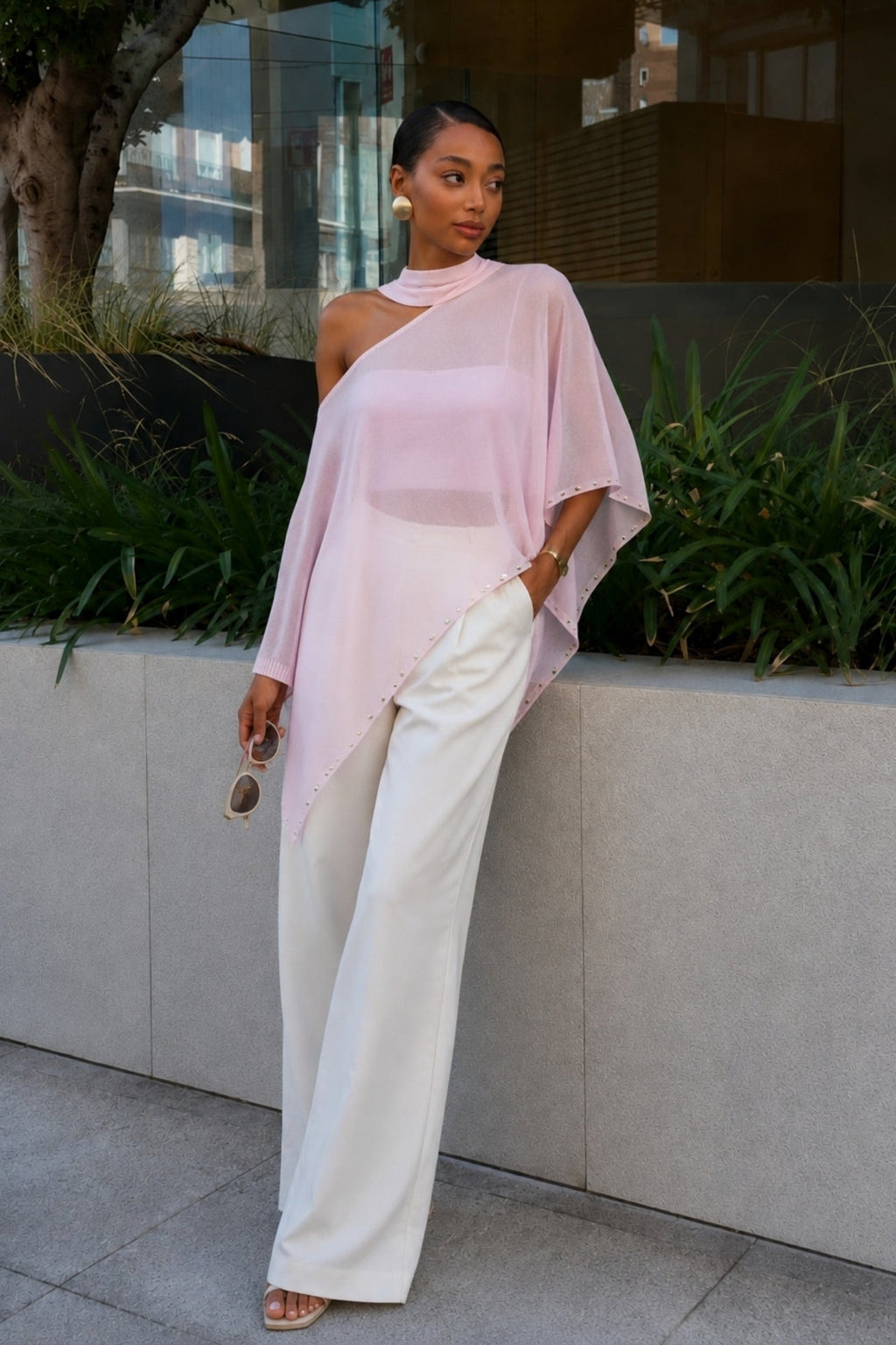 Shawl Detail Studded Pink Cape Blouse