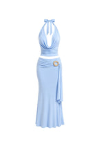 Cowl Neck Blouse Accessory Detail Maxi Skirt Two-Piece Blue Set