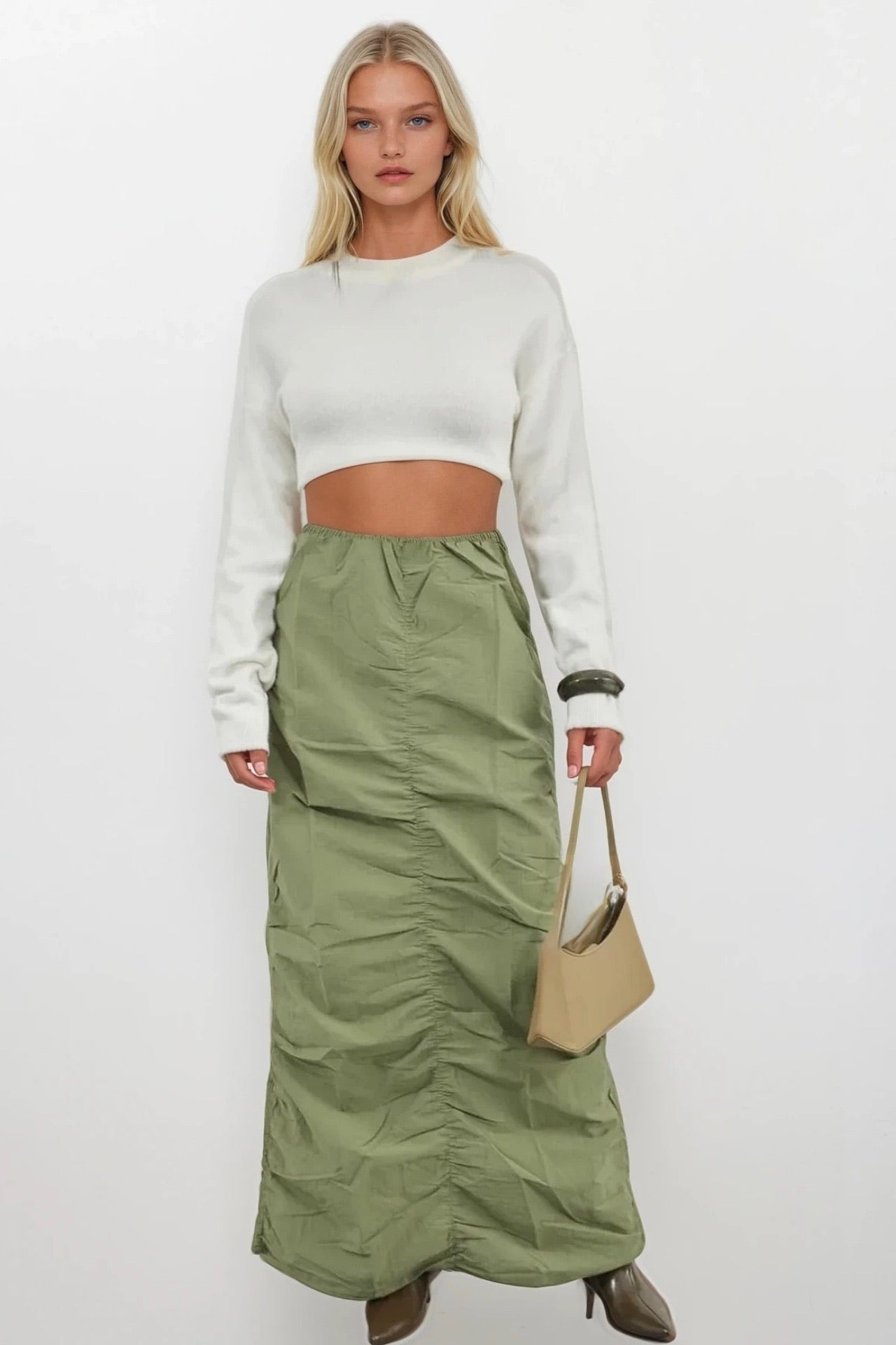 Ruched Detay Khaki Maxi Skirt
