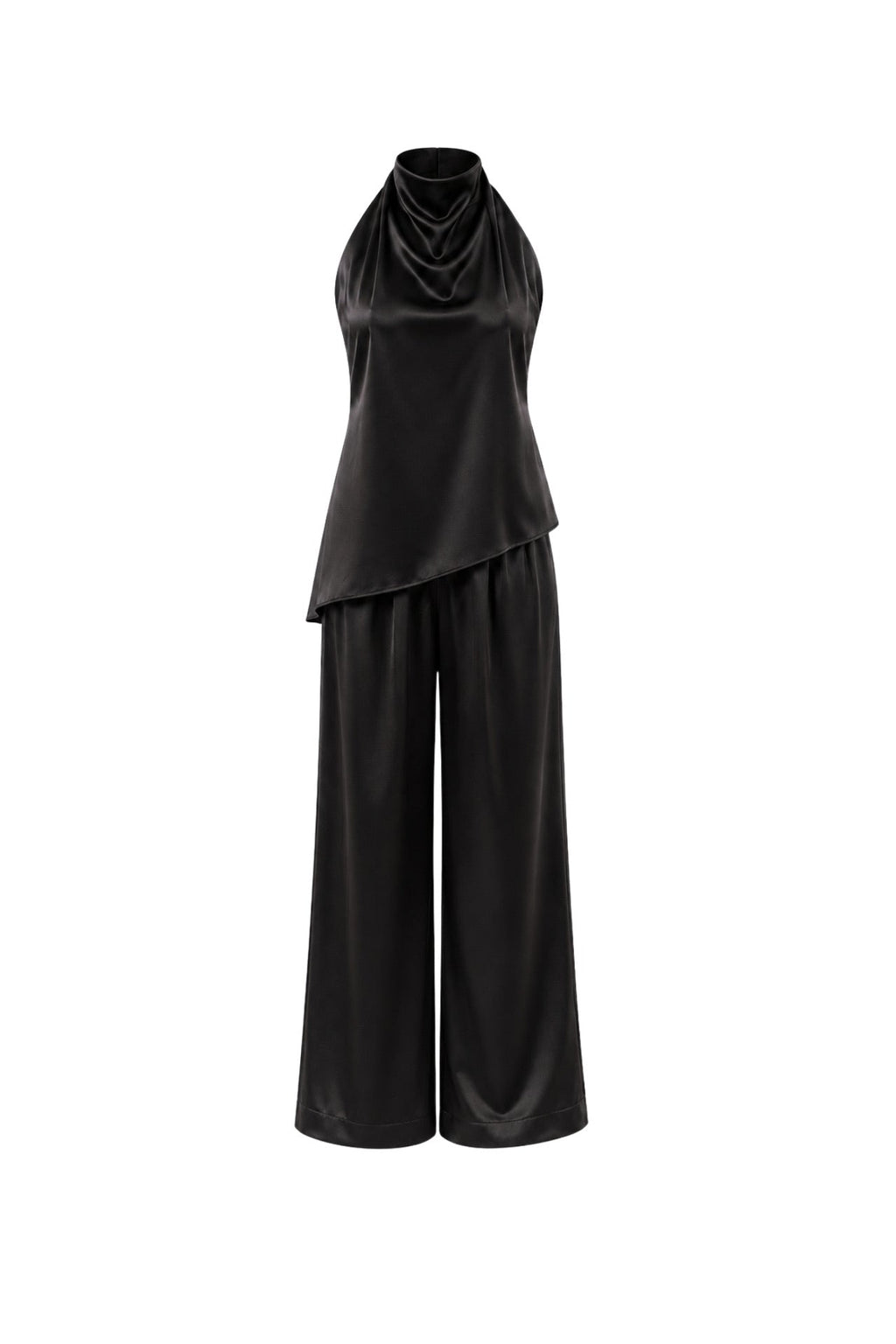 Asymmetric Cut Open-Back Blouse Pants İkili Black Satin Set