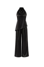 Asymmetric Cut Open-Back Blouse Pants İkili Black Satin Set