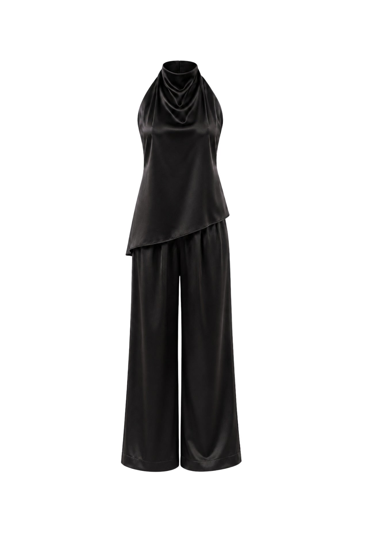 Asymmetric Cut Open-Back Blouse Pants İkili Black Satin Set