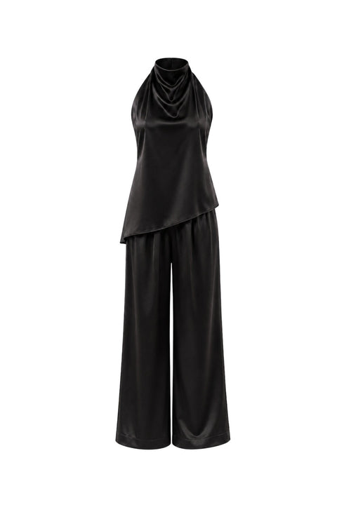 Asymmetric Cut Back Low-cut Blouse Trousers Double Black Satin Suit