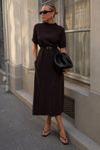 Stand-Collar Kemer Detail Maxi Brown Elbise