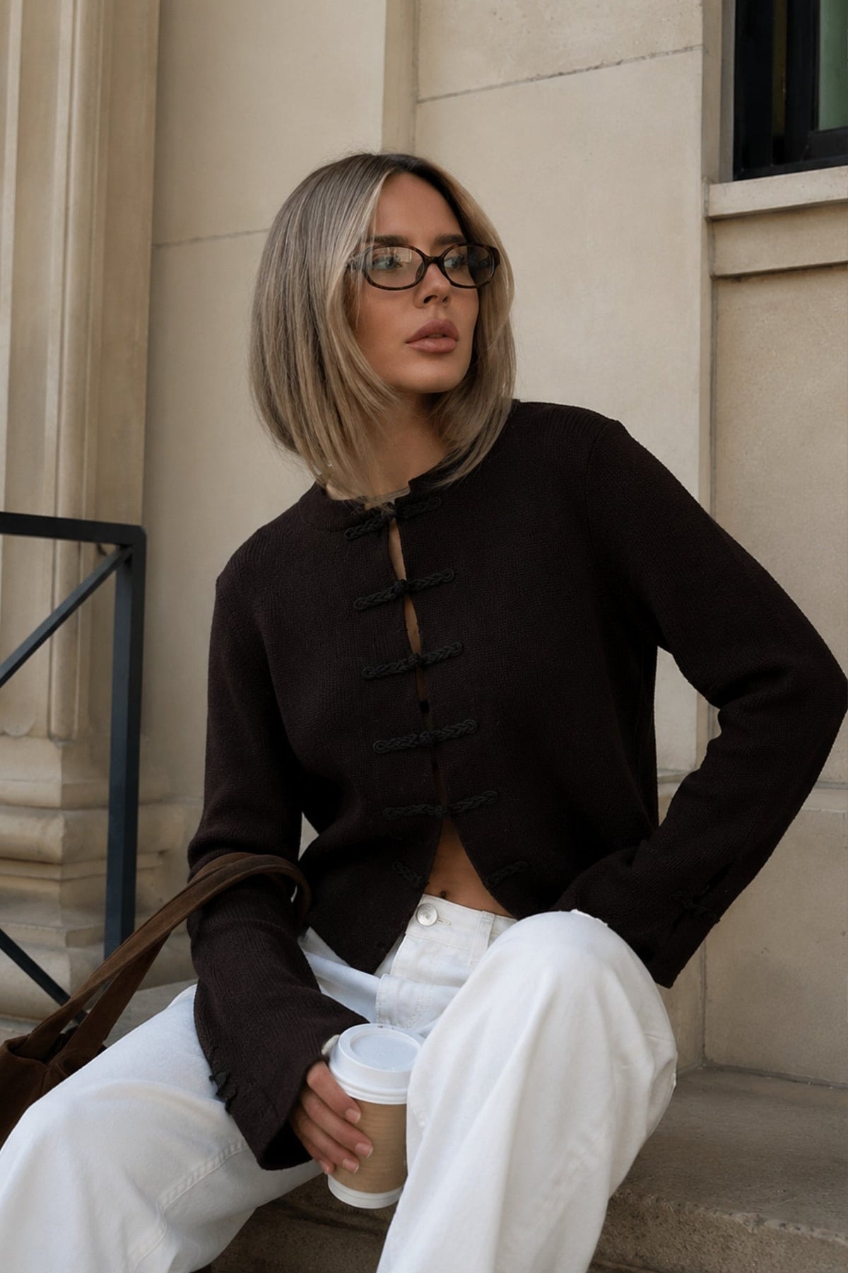 Accessory Detail Crew Neck Brown Knit Cardigan