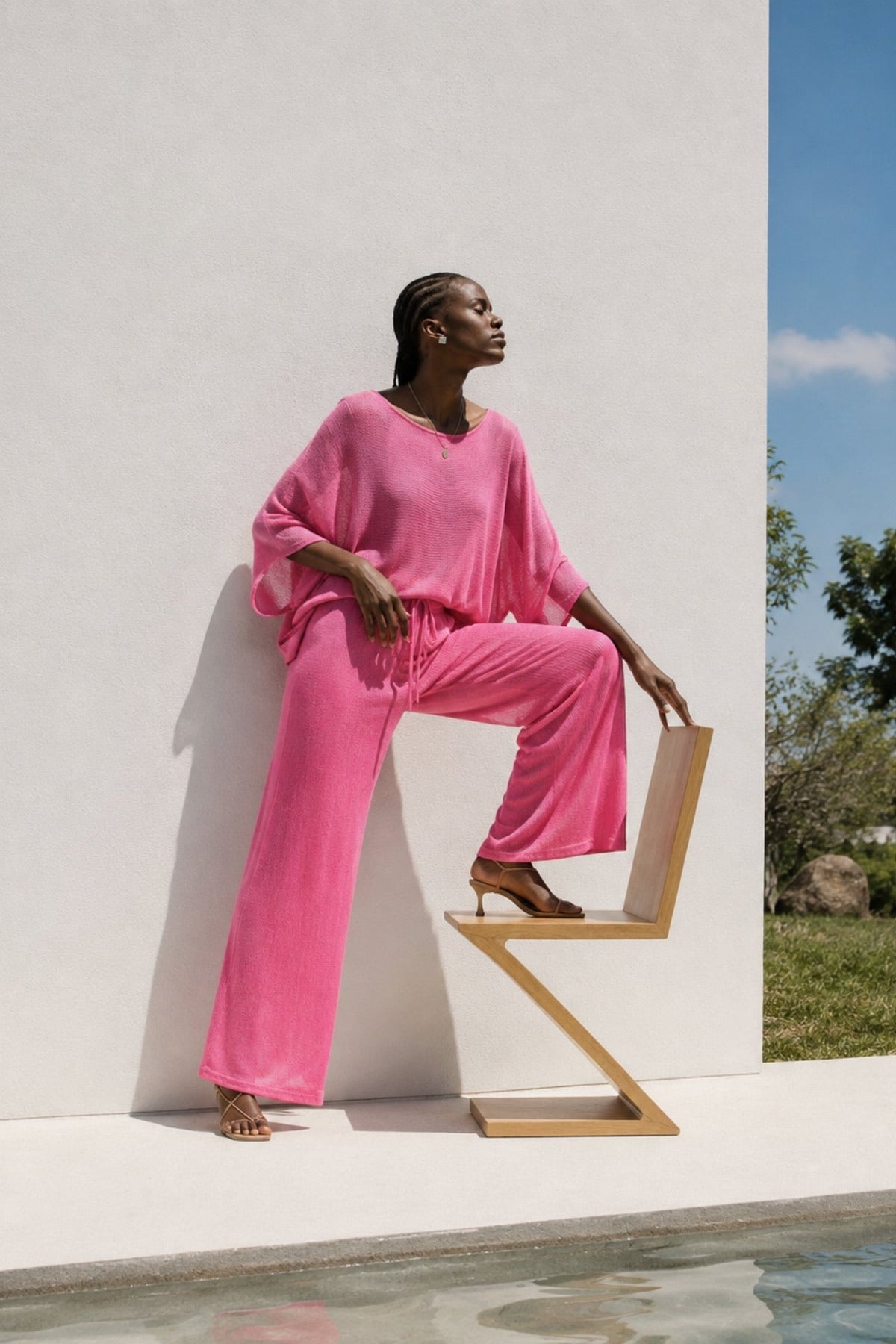 Textured Boat Neck Asymmetrical Blouse Trousers Pink Two-Piece Set
