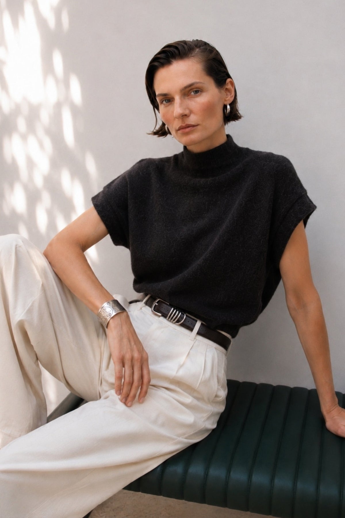Turtleneck Sleeve Detail Textured Black Blouse