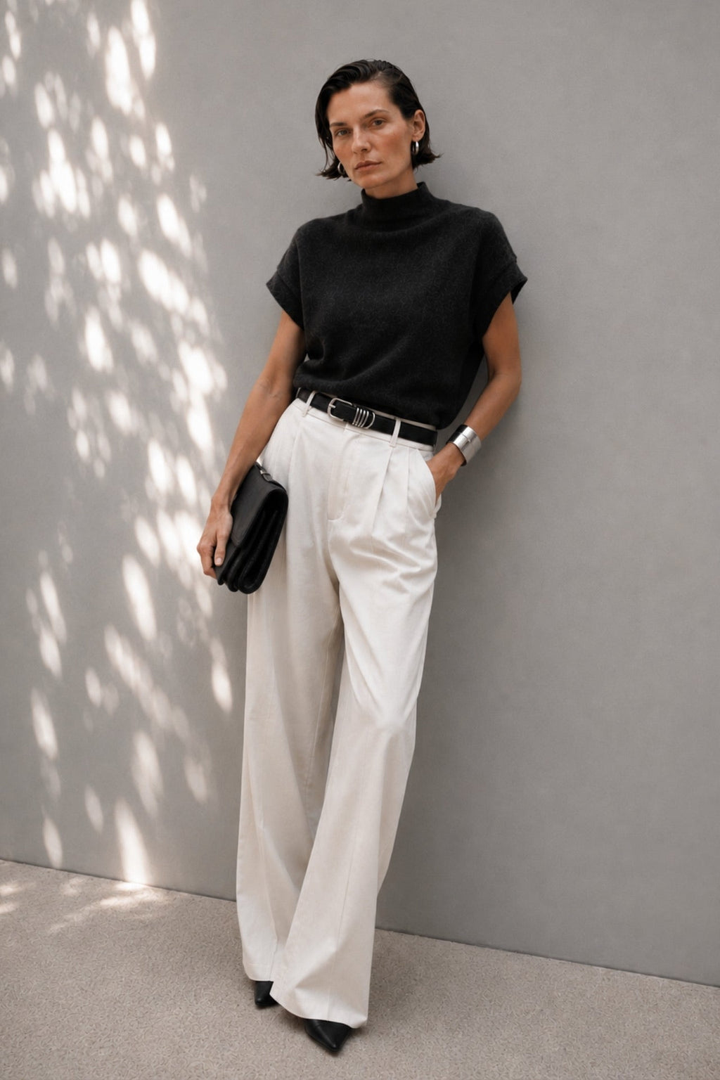 Turtleneck Sleeve Detail Textured Black Blouse