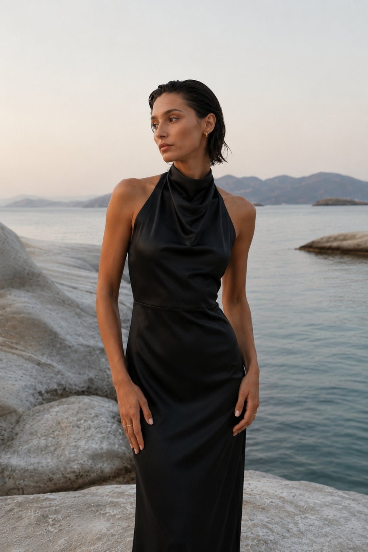 Off-the-Shoulder Maxi Black Satin Dress