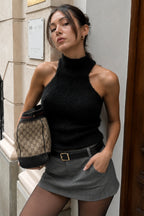 Stand-Collar Sleeveless Black Plush Blouse