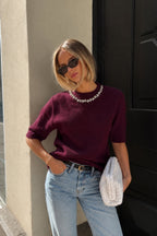 Neck Stone Embellished Half-Sleeve Textured Burgundy Blouse