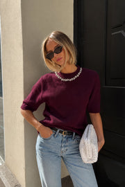 Neck Stone Embellished Half-Sleeve Textured Burgundy Blouse