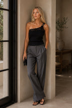 One-Shoulder Open Detail Black Knit Blouse