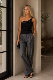 Black Knit Blouse with One Shoulder Accessory Detail