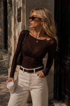 Boat Neck Brown Transparent Blouse