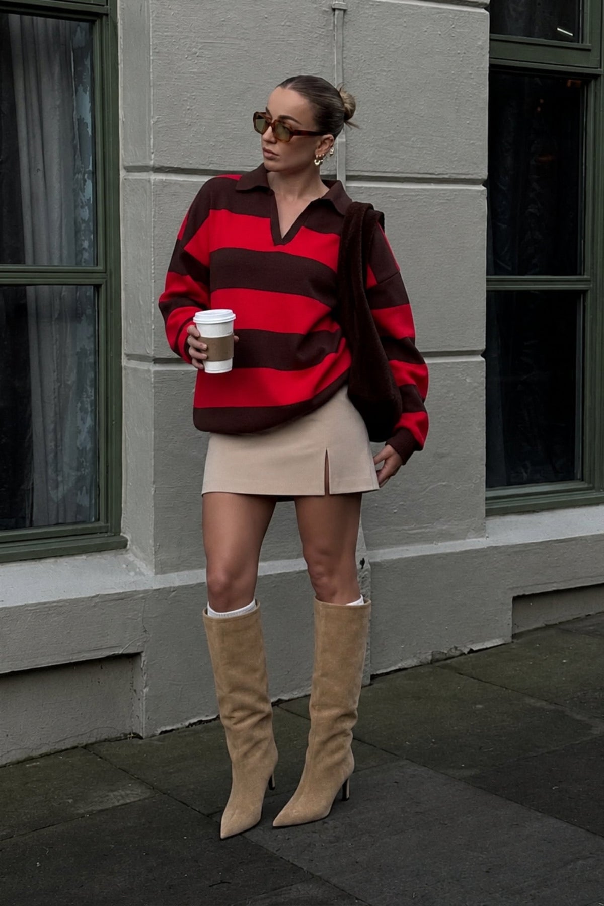Striped Polo Collar Brown Knit Kazak