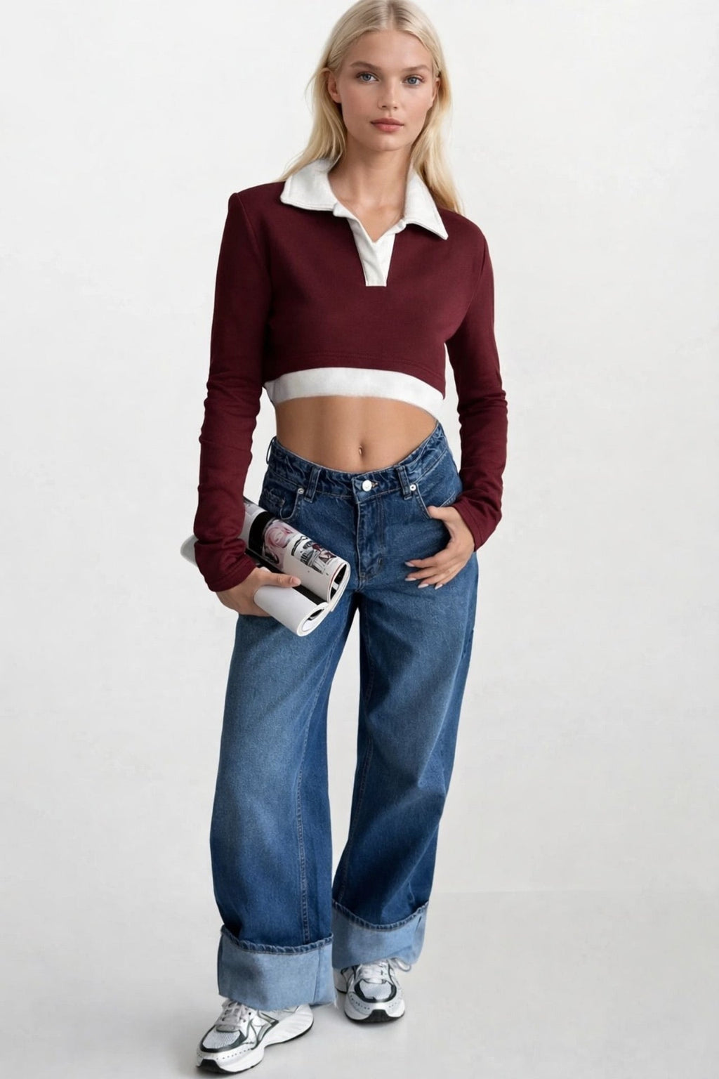 Polo Collar Contrast Detail Crop Burgundy Sweatshirt