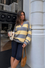 Striped Polo Collar Gray Knit Kazak