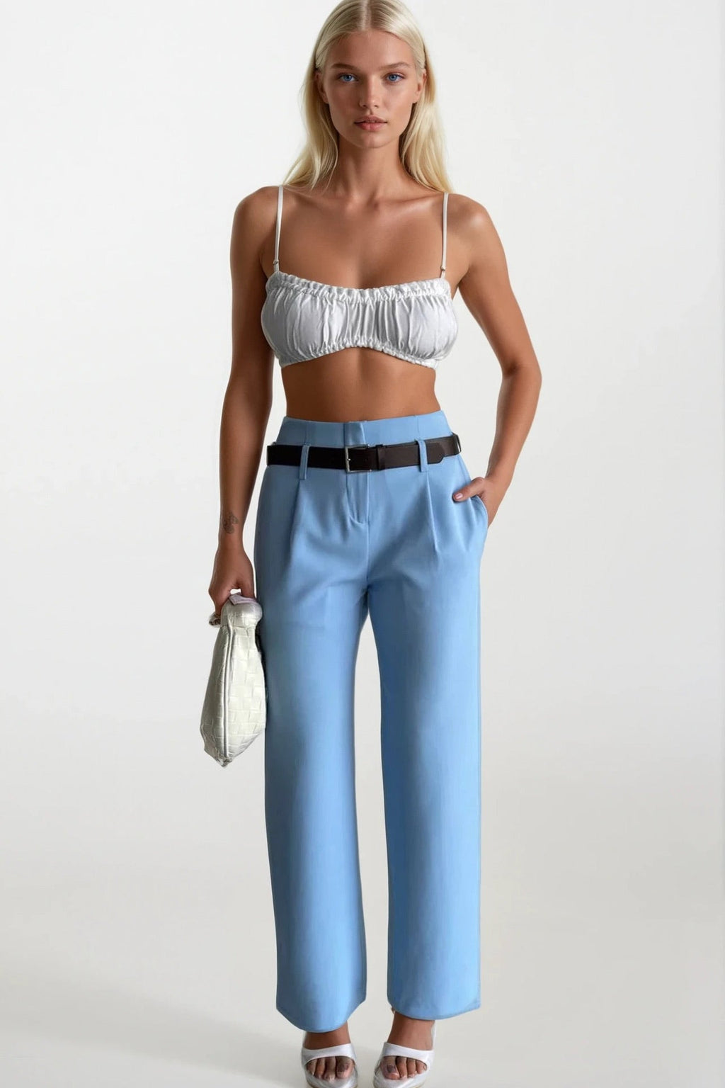 Belt Detail High Waist Baby Blue Pants