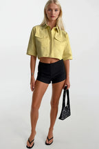 Pocket Detail Half Sleeve Crop Linen Yellow Shirt