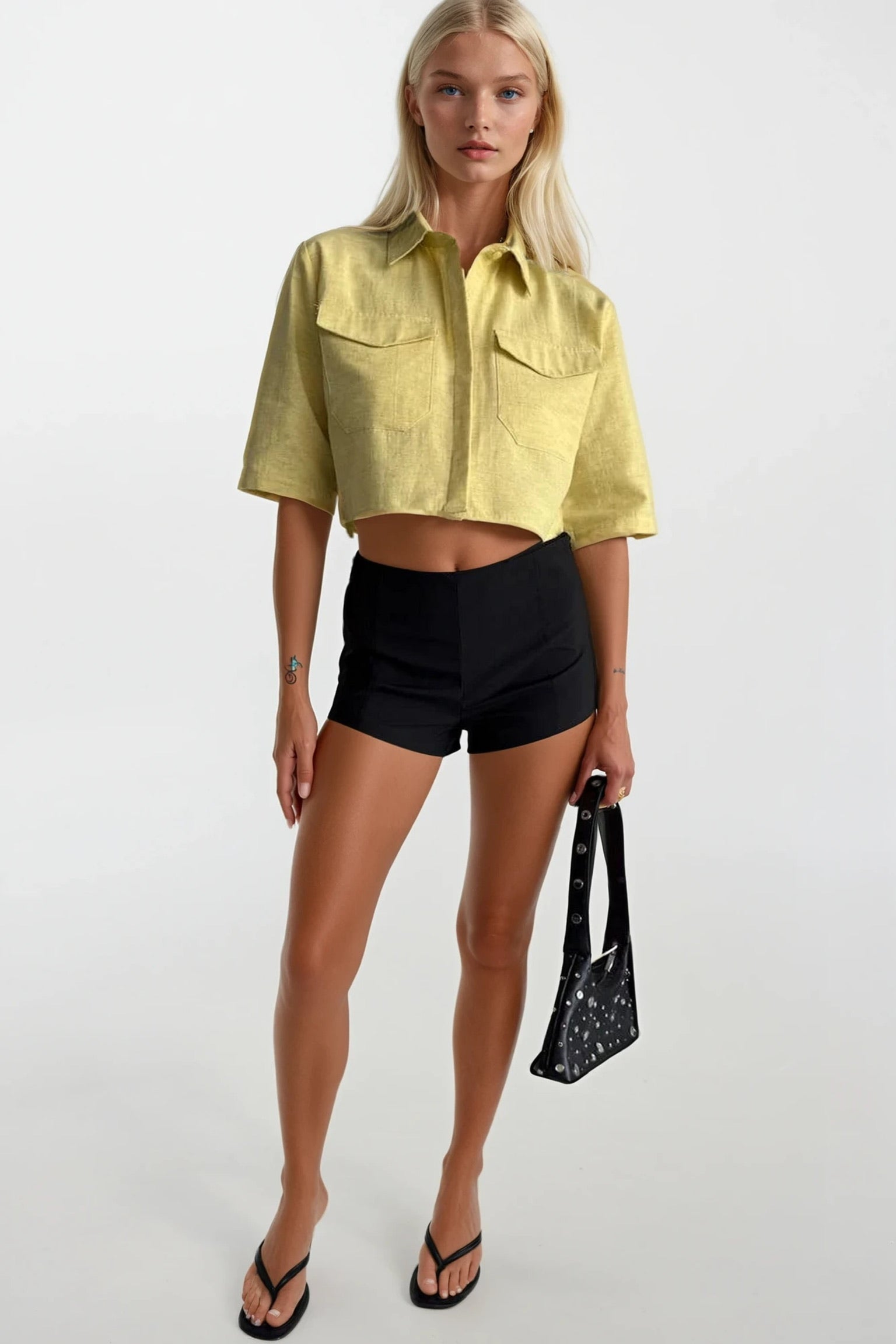 Pocket Detail Half Sleeve Crop Linen Yellow Shirt