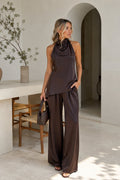Asymmetric Cut Open-Back Blouse Pants İkili Brown Satin Set