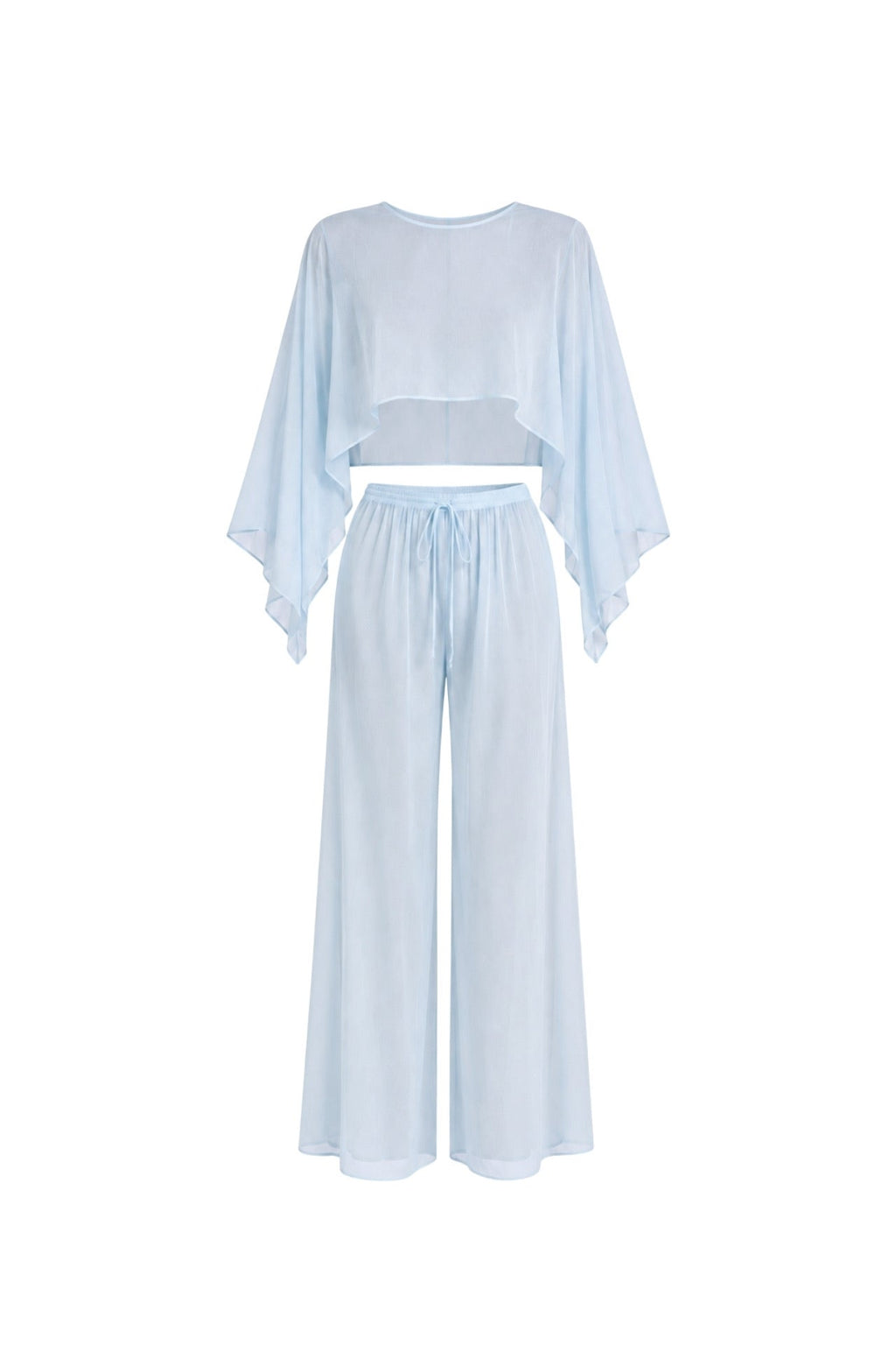 Wide Collar Crop Transparent Blouse High Waist Trousers Blue Double Suit