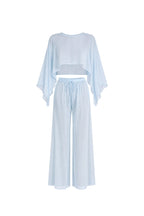 Wide Collar Crop Transparent Blouse High Waist Trousers Blue Double Suit