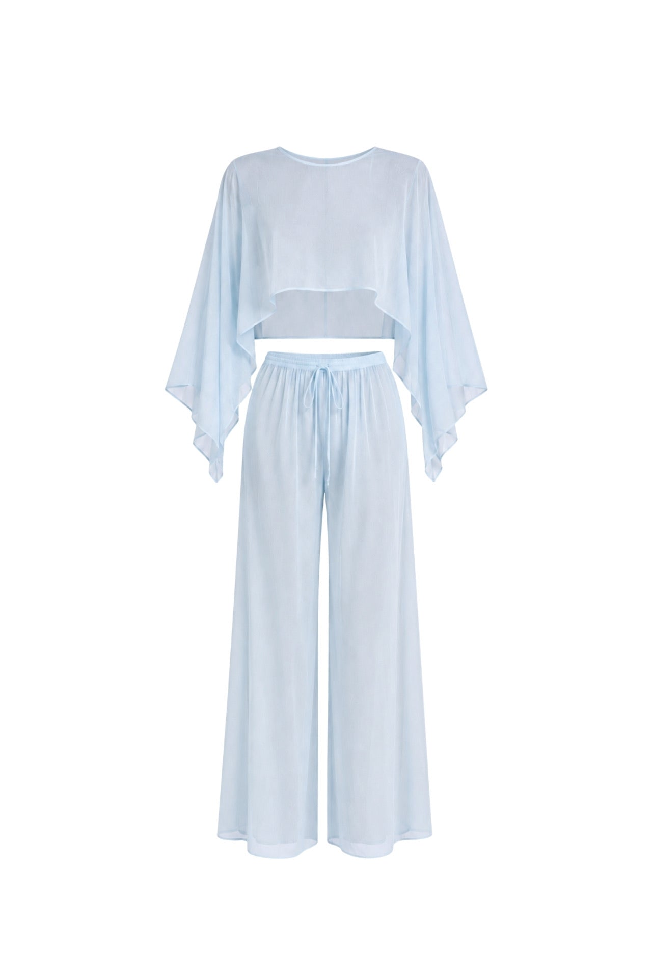 Wide Collar Crop Transparent Blouse High Waist Trousers Blue Double Suit