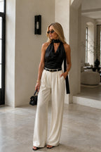 Neck-Tie Detail Cowl Neck Black Blouse
