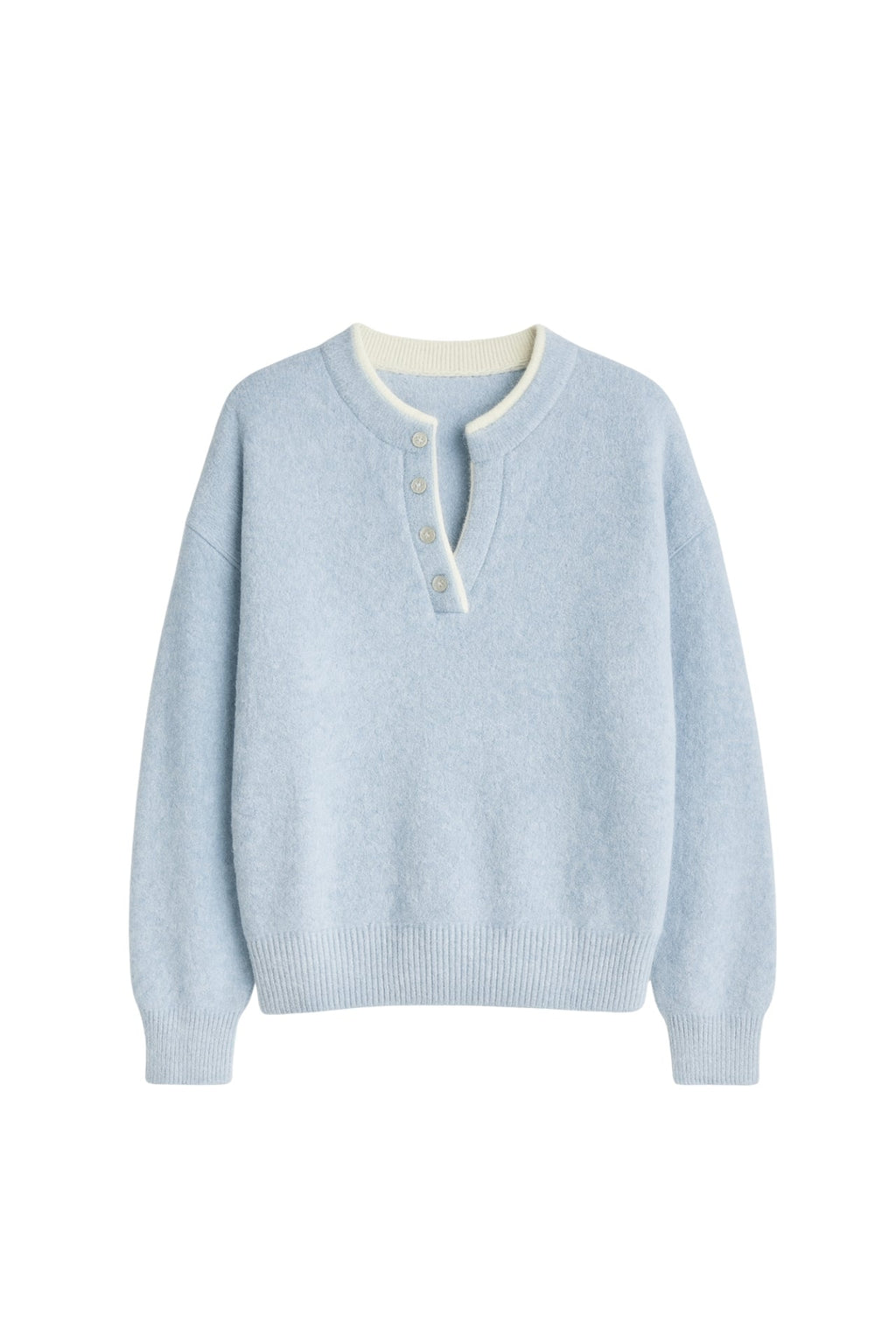 Button Detail Basic Blue Knit Sweater