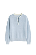 Button Detail Basic Blue Knit Sweater