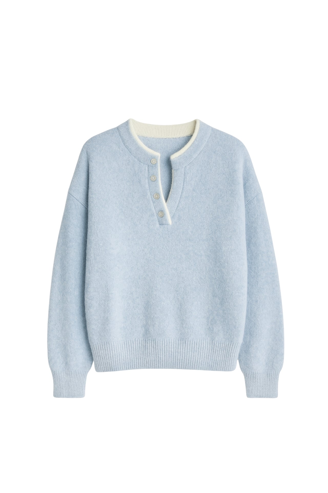 Button Detail Basic Blue Knit Sweater