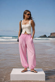 Pink Modal Balloon Trousers with Elastic Waist Detail