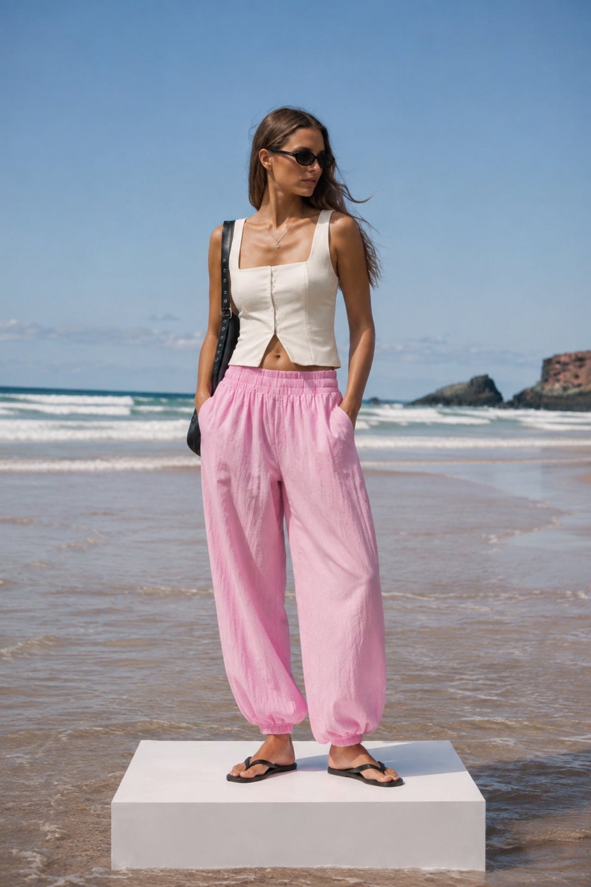 Pink Modal Balloon Trousers with Elastic Waist Detail