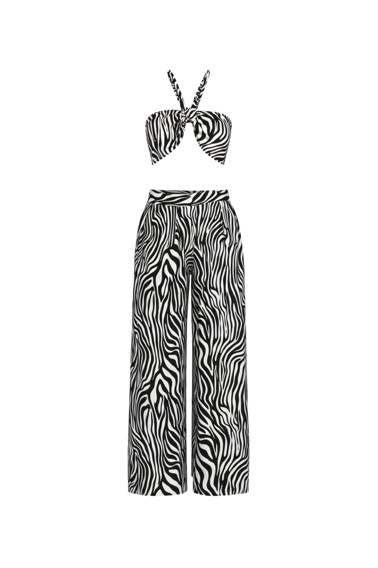 Zebra Pattern Crop Blouse Pants Two-Piece Set