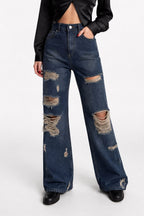 Laser Cut Wide Leg High Waist Blue Jeans