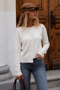 Button Detail Basic Textured Ecru Blouse