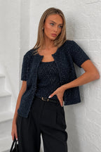 Shimmering Sleeveless Petek Pattern Blouse Cardigan Two-Piece Navy Set